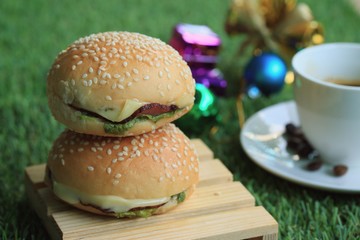 hamburger with hot coffee