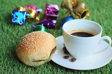 hamburger with hot coffee