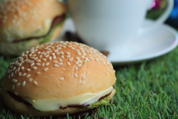 hamburger with hot coffee