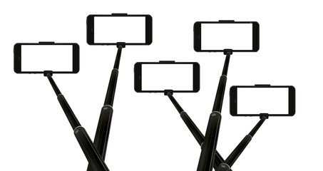 five selfie sticks with modern mobile phones