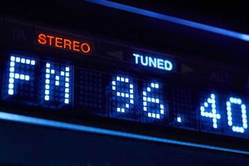 FM tuner radio display. Stereo digital frequency station tuned