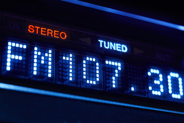 FM tuner radio display. Stereo digital frequency station tuned