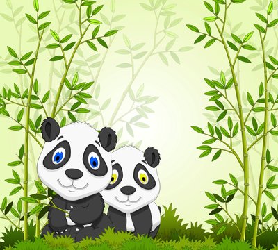 funny cartoon panda with bamboo forest background