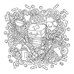 Cartoon cute doodles hand drawn Medicine illustration. Sketch detailed