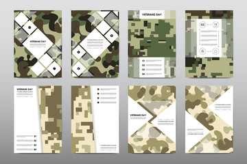 Set of Veterans Day brochure, poster templates in khaki style. Beautiful design and layout