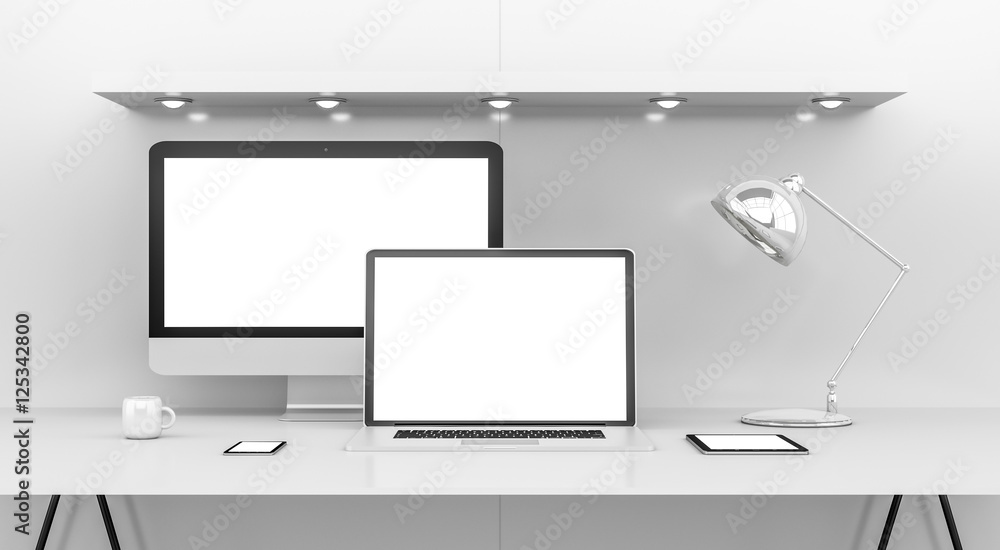 Poster modern white desk interior with computer and devices 3d renderin