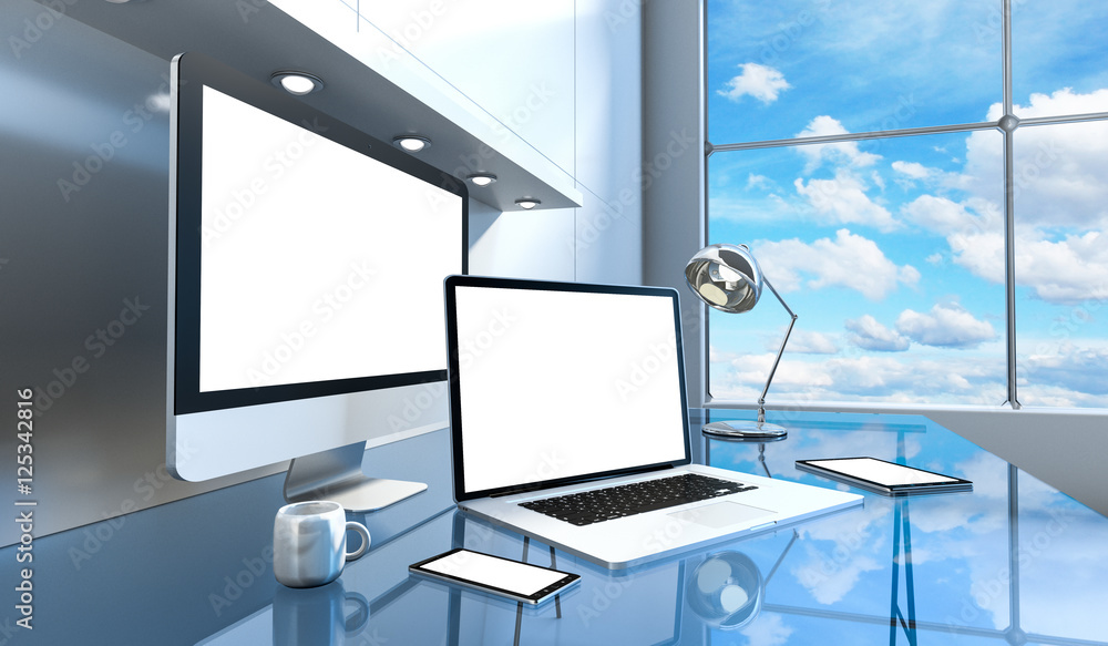 Poster modern glass desk interior with computer and devices 3d renderin