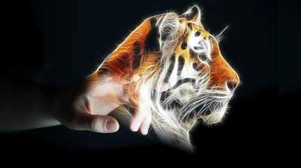 Person touching fractal endangered tinger illustration 3D render