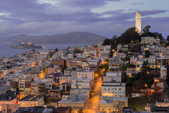 Telegraph Hill and North Beach Neighborhoods. Evening in San Francisco, California, USA.
