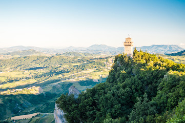 Fototapeta na wymiar Rocca della Guaita, the most ancient fortress of San Marino in the sunset time