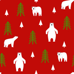 Seamless pattern. Polar bear on a red background.