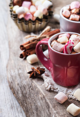 Hot chocolate with marshmallows and spices on rustic wooden table