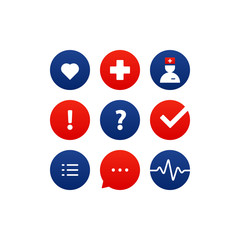Medical analysis, annual check up, health insurance concept, icons set