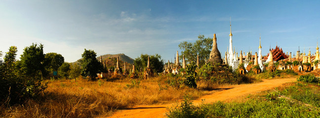 Panorama of Ruined buddhist stupas in Inn Dein, Myanmar