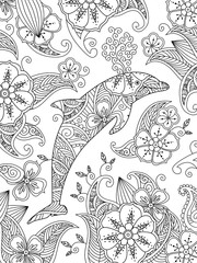 Obraz premium Coloring page with one jumping dolphin on floral background.