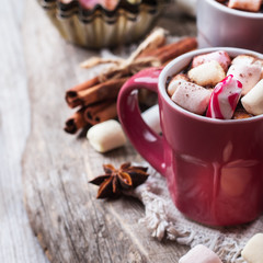 Hot chocolate with marshmallows and spices on rustic wooden table