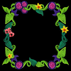 Plasticine  colorful floral frame sculpture isolated on black