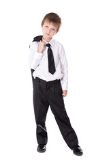full length portrait of cute little boy in business suit isolate