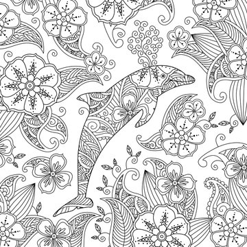 Coloring page with one jumping dolphin on floral background.