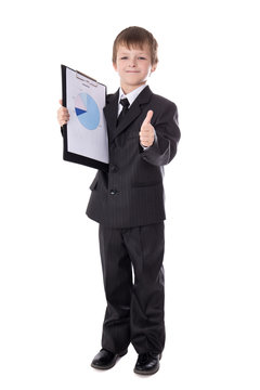 business concept - little boy in business suit showing results o