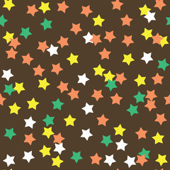 Donut glaze seamless pattern. Cream texture with sprinkle topping of colorful stars on chocolate background. Food bakery decoration. Vector eps8 illustration.
