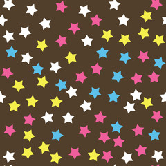 Donut glaze seamless pattern. Cream texture with sprinkle topping of colorful stars on chocolate background. Food bakery decoration. Vector eps8 illustration.