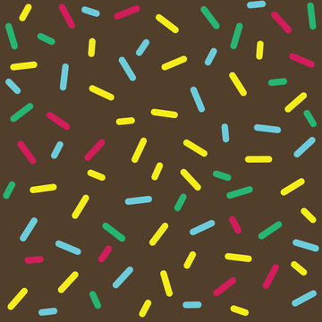 Donut glaze seamless pattern. Cream texture with sprinkle topping of colorful sprinkles on chocolate background. Food bakery decoration. Vector eps8 illustration.