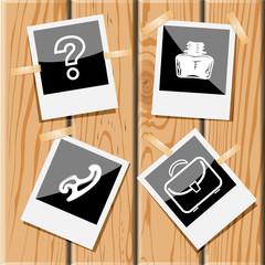 query sign, inkstand, french curve, briefcase.