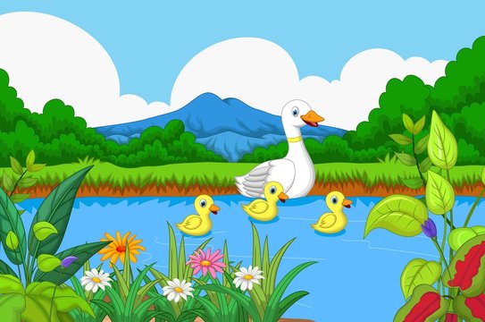 duck cartoon swimming in lake with landscape background