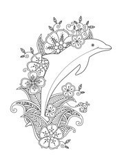 Obraz premium Coloring page with one jumping dolphin on floral waves.