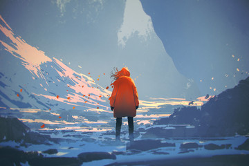Naklejka premium rear view of woman with orange warm jacket standing in winter landscape,illustration painting