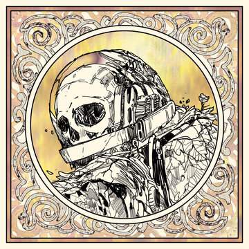 hand-drawn sketch of dead astronaut in spacesuit with graphic pattern,illustration art