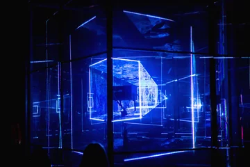 Crédence de cuisine en verre imprimé Lumière et ombre Rayons abstraits texture de fond bleu futuriste, lumières laser bleues, résumé