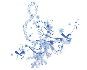 Winter music. Abstract treble clef decorated with snowflakes and notes. 