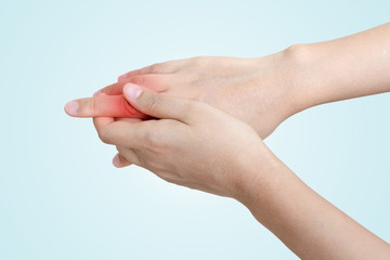 Hands of men or women injured finger