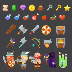 Game icons medieval viking. Inventory, heroes, enemies, weapon