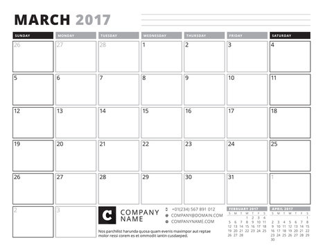 March 2017. Calendar Planner for 2017 Year. Week Starts Sunday. Black and White Color Theme. Stationery Design