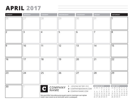 April 2017. Calendar Planner for 2017 Year. Week Starts Sunday. Black and White Color Theme. Stationery Design