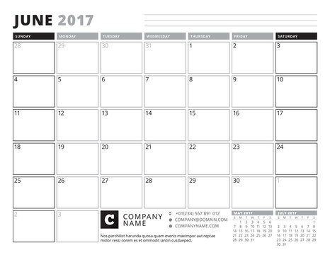 June 2017. Calendar Planner for 2017 Year. Week Starts Sunday. Black and White Color Theme. Stationery Design