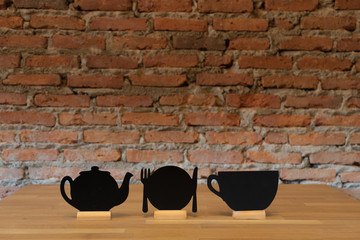 Obraz na płótnie Canvas coffee, tea, food sign and brick wall background