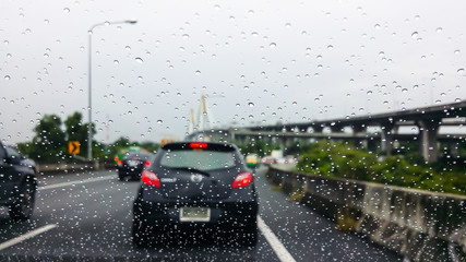 the Rain drop on the windscreen car on the road