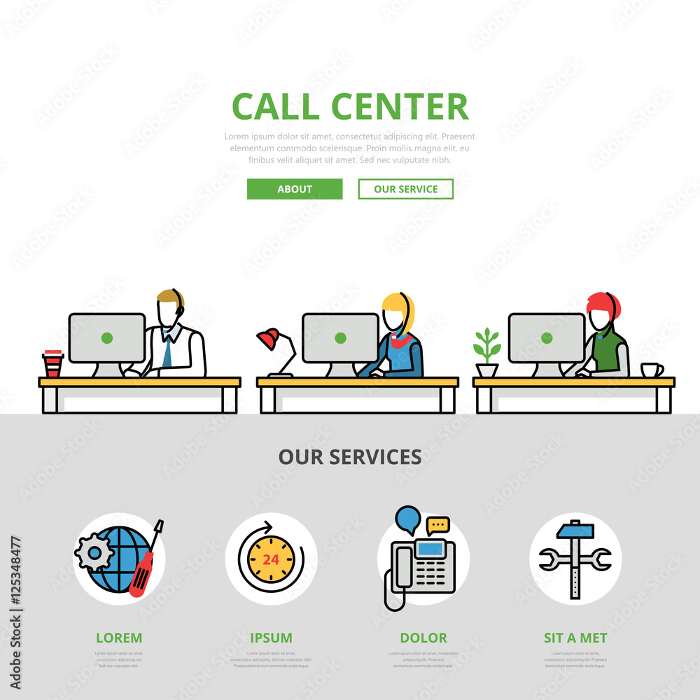 Poster linear flat user support call center infographics vector.