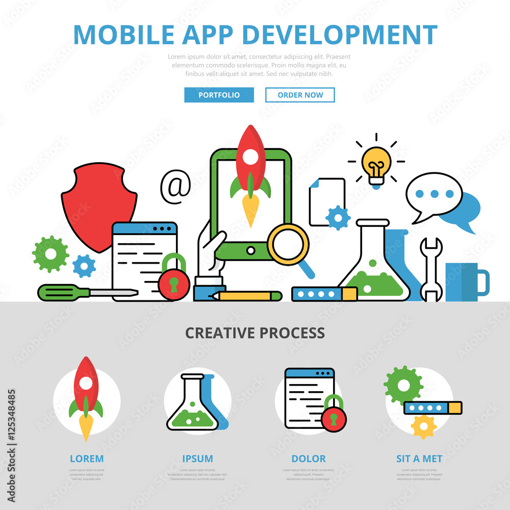 Poster linear flat mobile app development infographics website vector