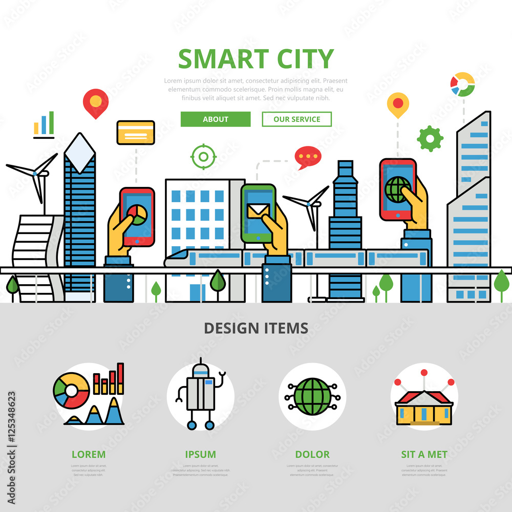 Poster linear flat smart city app infographic vector mobile application