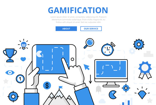 Linear flat GAMIFICATION infographics vector. Gaming, winning.