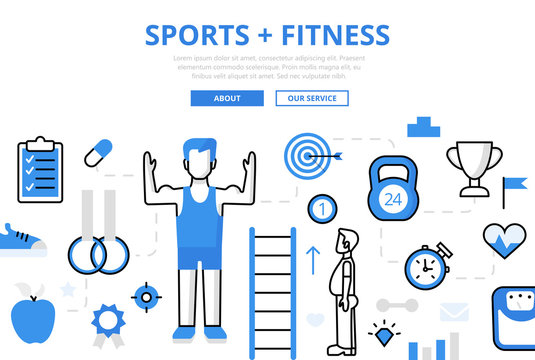 Linear flat SPORTS FITNESS infographics vector. Healthy life.