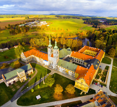 Tepla Abbey  is a Premonstratensian abbey in the western part of Bohemia.  It was founded in 1193. Aerial view of beautiful landmark near Karlovy Vary, Czech Republic, Central Europe.