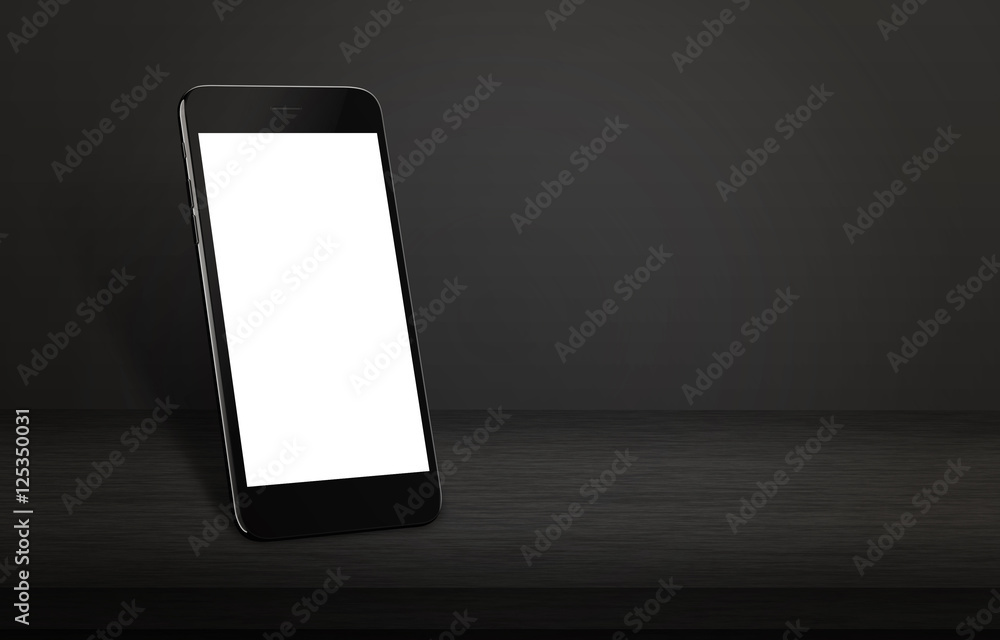 Poster black smartphone with isolated screen for mockup on black table. side, isometric position with free 