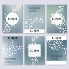 Set of business templates for brochure, flyer, cover magazine in A4 size. Structure molecule DNA and neurons. Geometric abstract background. Medicine, science, technology. Vector illustration.