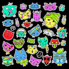 Pop art set with fashion patch badges. Cats and kittens Stickers, pins, patches, quirky, handwritten notes collection. 80s-90s style. Trend. Vector illustration isolated. Vector clip art.